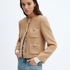MNG Mango Tweed Jacket With Jewel Buttons MED Old Money Quiet Luxury Beige Tan